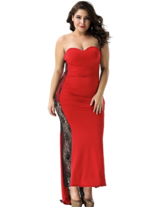 Plus Size Long Strapless Ruffle Floral Red Prom Dresses