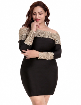 Plus Size Long Sleeve Off-Shoulder Fashion Lace Dress