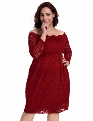 Plus Size Dark Red Lace Long Sleeve Off Shoulder Dress