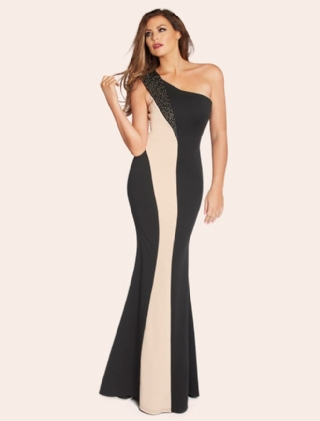 Black And Nude One Shoulder Maxi Dress